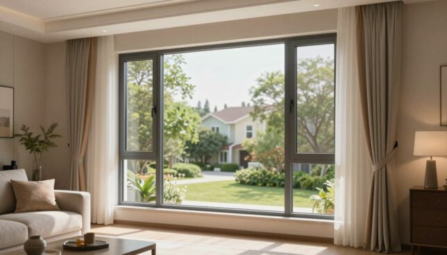 A modern living room showcasing the advantages of plastic windows with a focus on sound insulation. In the foreground, a large, double-glazed plastic window with sleek frames allows natural light to flood in, revealing serene greenery outside. In the middle ground, soft furnishings like a comfortable sofa and elegant curtains harmonize with the window's design, emphasizing tranquility. In the background, peaceful suburban scenery is visible, illustrating soundproofing benefits. The lighting is warm and inviting, with soft shadows enhancing the coziness of the space. Use a slight tilt from a low angle to capture the height and elegance of the window, creating an atmosphere of modern comfort and energy efficiency.