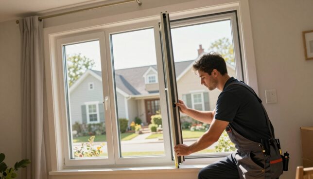 A modern living space featuring an installation of affordable, high-quality plastic windows. In the foreground, a professional technician in smart casual attire is seen carefully measuring the window frame. The middle ground showcases the newly installed windows, highlighting their sleek design and energy-efficient features, with natural light streaming in, creating a welcoming atmosphere. In the background, a partially visible exterior view showcases a charming neighborhood, emphasizing the homey feel. The scene is well-lit with soft, warm lighting to evoke a sense of comfort and satisfaction with the choice of plastic windows. The angle is slightly tilted downwards, focusing on both the technician's precise work and the beautiful window design.