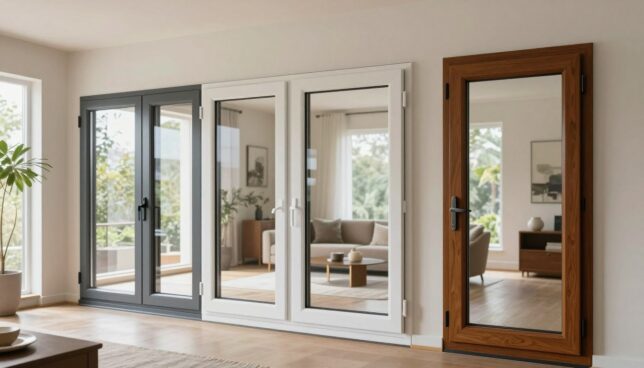 A modern living space showcasing a variety of stylish Kunststofffenster (plastic windows) prominently in the foreground, each featuring unique designs, colors, and configurations. The windows display a combination of sleek lines, rounded edges, and energy-efficient glass, highlighting their aesthetic appeal. In the middle background, an inviting room filled with natural light, showcasing tasteful interior decor that complements the design of the windows. Soft, diffused lighting creates a warm atmosphere, illuminating the textures of the window frames and the surrounding decor. A hint of greenery outside the window adds a refreshing touch. Shot from a slightly elevated angle using a wide-angle lens to capture the full design diversity, evoking a sense of innovation and elegance in modern window design.