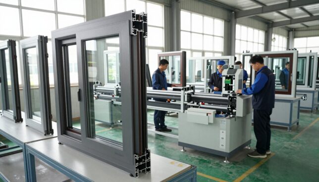A modern manufacturing facility showcasing advanced window technology for energy-efficient plastic windows. In the foreground, sleek and stylish plastic windows designed with multi-chamber profiles and triple glazing, reflecting a bright, natural light. The middle ground features workers in professional attire, collaborating around innovative window production machinery, highlighting modern techniques such as automated assembly lines and thermal testing equipment. In the background, large windows of the factory allow sunlight to stream in, illuminating the high-tech environment, with neat rows of additional energy-efficient windows displayed. The atmosphere is clean and efficient, conveying a sense of innovation and sustainability in window production. The scene is well-lit with a focus on clarity and detail, captured from a slightly elevated angle to emphasize the space and technology.