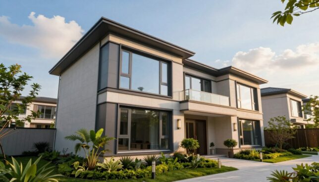 A modern residential building featuring sleek, energy-efficient plastic windows, prominently displayed in the foreground. The windows boast a contemporary design with clean lines and a glossy finish, reflecting natural light. In the middle ground, vibrant greenery frames the house, with well-maintained landscaping and a pathway leading to the entrance, enhancing the inviting atmosphere. The background reveals a clear blue sky with soft, fluffy clouds, creating a serene ambiance. The scene is captured during the golden hour, with warm, soft lighting illuminating the exterior. The camera angle is slightly elevated, emphasizing the windows' installation and their integration into the overall architecture. The image conveys a sense of modern living, comfort, and efficiency.