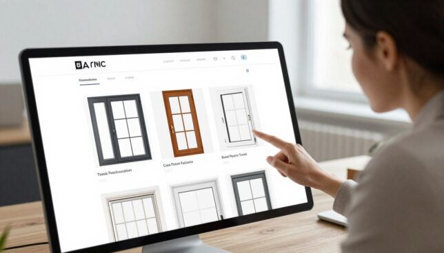 A modern, sleek online interface showcasing a variety of custom-made plastic windows, presented in an engaging e-commerce format. In the foreground, a high-resolution close-up of a digital screen displaying a selection of elegant window designs, including various colors and styles. The middle ground features a professional individual wearing business attire, attentively examining the options on the screen. In the background, a well-lit, contemporary office environment, subtly hinting at sophistication and comfort. Soft, natural light floods the room, creating an inviting atmosphere. The angle should be slightly elevated to capture both the screen and the individual’s focused expression, emphasizing the decision-making process for selecting the perfect window.