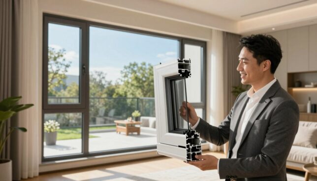 A modern, stylish living room showcasing a large window featuring PVC frames that are energy-efficient. In the foreground, a satisfied customer in professional attire examines a sample of the window's frame, expressing approval. The middle ground highlights a beautifully designed interior with warm, natural lighting streaming through the window, casting soft shadows. In the background, a cozy outdoor scene with green trees and a bright blue sky gives an inviting atmosphere that emphasizes energy savings. The overall mood is positive and professional, demonstrating customer satisfaction and the benefits of PVC windows. The angle is slightly elevated, capturing the entire scene harmoniously while focusing on the happy customer.