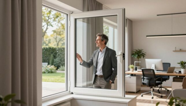 A modern, stylish office workspace showcasing a high-quality Kunststofffenster prominently displayed in the foreground. The window is made of sleek, white PVC with energy-efficient double glazing, surrounded by elegant curtains. In the middle of the scene, a satisfied customer, a professionally dressed middle-aged man, looks out through the window, admiring the bright, sunny day. Soft, natural light filters into the room, creating a warm, inviting atmosphere. Behind him, a contemporary office setup with clean lines and a neutral color palette adds to the professionalism of the image. The background features a blurred view of a well-maintained garden, further emphasizing the window's quality and durability. The composition captures a sense of trust and satisfaction, reflecting positive customer experiences with quality Kunststofffensters.