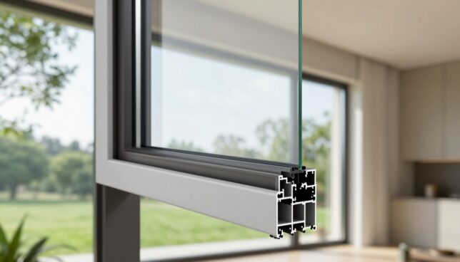 A modern window showcasing high-performance insulating glazing with an emphasis on energy efficiency. In the foreground, a close-up of the window frame reveals advanced multi-layered glass with a sleek, minimalist design, emphasizing clarity and thermal performance. In the middle ground, the window is installed in a contemporary home setting, with soft natural light filtering through. The background features a lush green landscape that suggests a connection to the outdoors, promoting energy efficiency harmony. The scene has a bright, optimistic atmosphere, highlighting the benefits of modern window technology. Shot from a slightly elevated angle with a focus on the window's details, using soft focus on the background to enhance the subject's prominence.