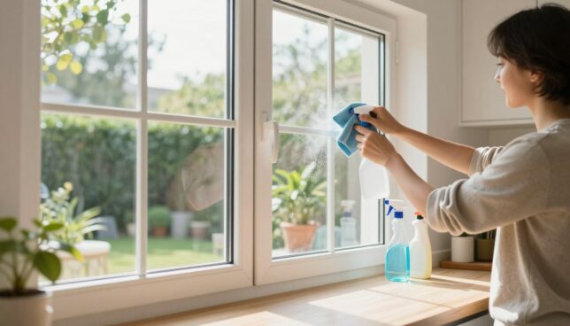 A pristine residential setting featuring a well-lit kitchen with large Kunststofffenster (PVC windows) that glisten in the sunlight. In the foreground, a person dressed in modest casual clothing is carefully cleaning the windows with a cloth and a spray bottle, demonstrating the step-by-step process. The middle ground includes an array of cleaning supplies neatly organized on the countertop, with reflections of a lush garden visible through the clean glass. The background shows a bright and airy room with potted plants and modern decor, creating a warm and inviting atmosphere. Soft natural light filters in, highlighting the cleanliness and shine of the windows, enhancing the feeling of freshness and maintenance. The angle captures both the person and the windows, emphasizing the act of cleaning and the results achieved.