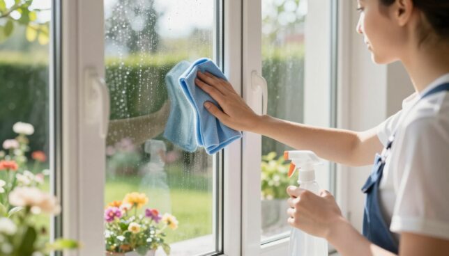 A professional cleaner carefully scrubbing a white Kunststofffenster, utilizing environmentally friendly cleaning supplies, with a bright and sunny day filtering through the glass. In the foreground, the cleaner wears a modest, professional outfit, focusing on the window with a cloth in one hand and a spray bottle in the other. The middle shows the window frame with raindrops glistening on its clean surface, reflecting the sunlight. In the background, a serene garden scene with blooming flowers and lush greenery contrasts beautifully with the spotless window. The lighting is warm and inviting, creating a sense of freshness and cleanliness, highlighting the importance of proper Kunststofffenster maintenance. The angle is slightly low, emphasizing both the window and the diligent work of the cleaner. The overall atmosphere is bright, cheerful, and focused on home care.