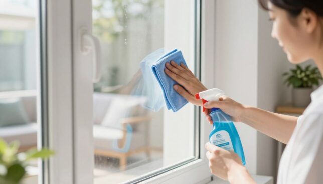 A professional cleaner demonstrating the careful process of cleaning a white PVC window in a bright, well-lit interior. In the foreground, the cleaner is using a microfiber cloth and eco-friendly cleaning solution, appearing focused and diligent. The middle ground features the clean, gleaming PVC window reflecting the sunlight, highlighting its smooth texture. In the background, a cozy room with soft furnishings and potted plants creates a warm atmosphere, emphasizing the importance of maintaining cleanliness for a pleasant living space. The lighting is natural, with soft shadows adding depth, captured from a slightly lower angle to showcase both the cleaner and the window prominently. The overall mood is refreshing and tidy, illustrating the significance of proper care for plastic windows.