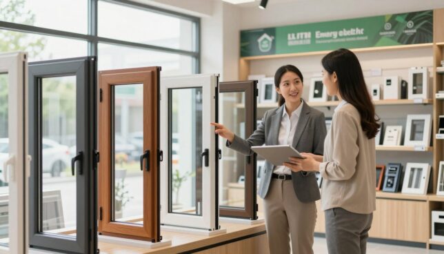 A professional indoor setting at a window supply store, showcasing a selection of PVC windows displayed prominently in the foreground. The windows come in various styles and colors, emphasizing energy efficiency, including double-glazing and modern designs. In the middle, an expert salesperson dressed in professional business attire engages with a customer, pointing to the features of a window sample with a friendly expression. The background features shelves with window accessories and promotional materials for energy-saving benefits. Soft, natural lighting streams through the windows, creating a welcoming and informative atmosphere. The scene captures the importance of choosing the right provider in a stylish and professional manner, ideal for illustrating the selection process.