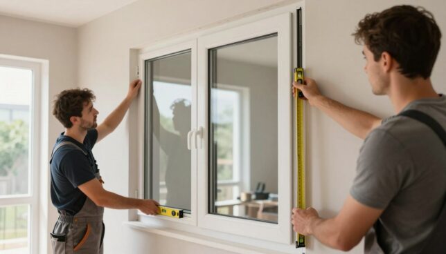 A professional installation scene of modern kunststoffenster (plastic windows), showcasing skilled technicians in business casual attire carefully fitting a window into a stylish, contemporary home. In the foreground, the technicians are using tools like a level and measuring tape, with one technician adjusting the frame. The middle ground highlights the sleek, double-glazed window with a clean white frame, displaying energy-efficient glass reflecting the surroundings. The background features an airy room with soft, natural light pouring in through the unfinished window opening, capturing the essence of a fresh renovation. The atmosphere is one of expertise and precision, emphasizing the importance of quality installations. Use soft, diffused lighting to create a warm, inviting feel, and angle the shot to focus on the interaction between the technicians and the window.