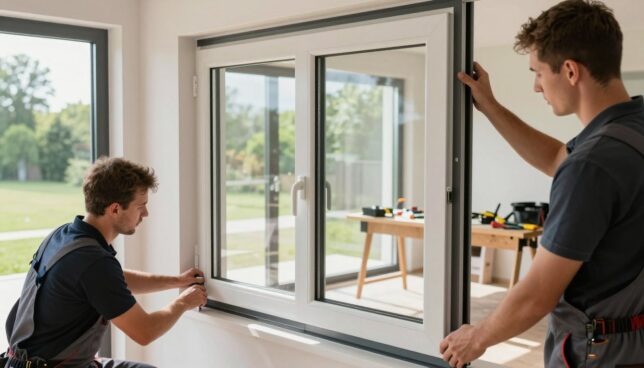 A professional, meticulous installation scene of Kunststofffenster (plastic windows) taking place in a modern home setting. In the foreground, two skilled workers in professional business attire are carefully fitting a window frame into a sunlight-filled space. In the middle ground, the sleek, modern Kunststofffenster is being installed, showcasing its energy-efficient features like double glazing and advanced sealing technology. The background features a well-lit interior with tools neatly arranged on a workbench, and outside a view of a green landscape framed by the new window. Soft, natural lighting highlights the professionalism of the installation, conveying a mood of efficiency and commitment to quality craftsmanship. The angle captures the precision of the work being done, emphasizing the importance of proper installation for energy savings.