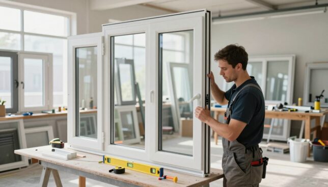 A professional montage of plastic window installation in an airy, well-lit workspace. In the foreground, a skilled installer in smart casual attire is carefully fitting a high-quality plastic window into an opening, focusing on precise measurements and tools. The middle ground features an assortment of various window styles, showcasing modern designs and energy-efficient features, with a level and tape measure nearby. In the background, soft natural light streams through large windows, illuminating a clean, organized workshop filled with additional tools and materials. The overall atmosphere conveys professionalism and expertise, emphasizing the importance of achieving a perfect window installation. Use a wide-angle lens effect to enhance depth and visual interest.