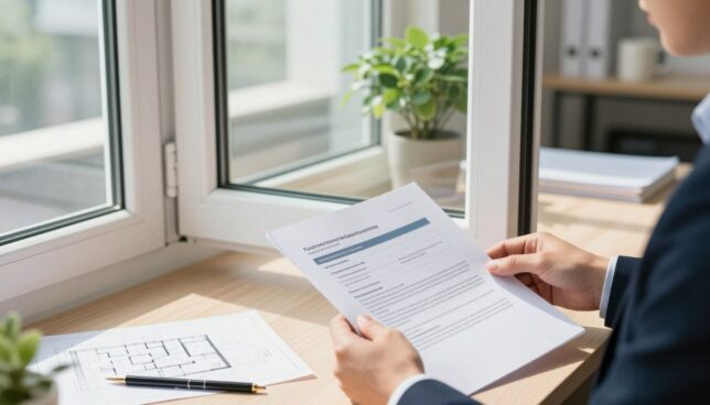 A professional office setting showcasing a modern window renovation project. In the foreground, a pair of hands, dressed in smart business attire, are holding a document detailing funding options for window restoration. The middle ground features a sleek and energy-efficient plastic window, partially installed, with a focus on its bright white frame and double glazing. The background includes a well-lit workspace with architectural plans and a green potted plant, enhancing the atmosphere of sustainability and innovation. Soft natural daylight streams through the windows, casting gentle shadows across the scene, creating a warm and inviting mood that conveys trust and professionalism. The angle is slightly elevated, capturing both the details of the hands and the window, emphasizing the importance of quality in construction.