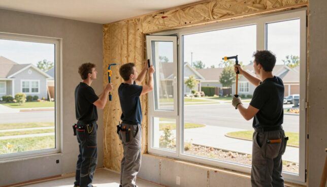 A professional setting showcasing the installation of a high-quality plastic window in a modern home. In the foreground, skilled installers in professional attire carefully fit a large, energy-efficient plastic window into an opening, using precision tools. The middle layer features a partially constructed wall with insulation material visible, emphasizing the installation process. In the background, a sunlit exterior reveals a suburban neighborhood, highlighting the importance of energy efficiency. The scene is well-lit with natural daylight streaming through the window, creating a warm, inviting atmosphere. Use a wide-angle lens for a comprehensive view, capturing the teamwork and focus of the installers in action, evoking a sense of craftsmanship and professionalism.