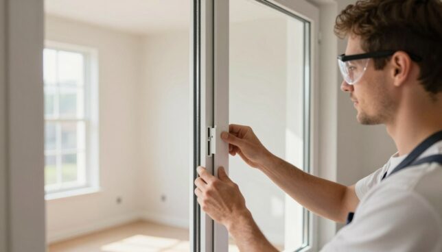 A professional tradesperson installing PVC windows in a modern home setting. In the foreground, focus on the tradesperson, wearing safety goggles and a work apron, carefully aligning a PVC window frame. The middle ground features a partially installed window, showcasing the precise fit and seal with insulation material visible. In the background, a bright, well-lit room with fresh, neutral-colored walls and natural light pouring in from other windows creates a positive atmosphere. Soft shadows cast by the window frames emphasize the craftsmanship involved. The scene conveys a sense of expertise, attention to detail, and the practicality of a well-executed installation process, with warm, inviting tones throughout.