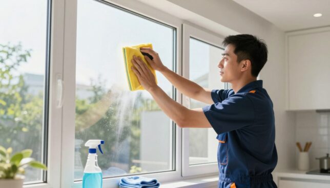 A professional window cleaner, dressed in a smart uniform, is meticulously cleaning a brightly lit white plastic window. The scene is set in a modern home, with sunlight streaming in through the clear, sparkling glass, illuminating the room. The background features soft, blurred hints of greenery outside the window, suggesting a vibrant, sunny day. In the foreground, a cleaning spray bottle and a microfiber cloth rest on a ledge, emphasizing the tools of the trade. The overall mood is fresh and inviting, highlighting the importance of proper window care and maintenance. The angle is slightly elevated, capturing both the cleaner's focused expression and the immaculate window, showcasing the Do's and Don'ts of window cleaning techniques.