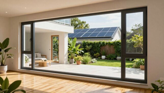 A serene and modern home environment showcasing energy-efficient renovations. In the foreground, a set of sleek, high-quality plastic windows reflects natural light, emphasizing their thermal insulation. In the middle, a well-lit, open living space features eco-friendly materials like bamboo flooring and green plants, suggesting a sustainable lifestyle. In the background, a picturesque view of a solar panel array on the roof and a lush garden, symbolizing energy savings and environmental consciousness. Soft, warm sunlight filters through the windows, creating a welcoming atmosphere. The scene is captured from an angled perspective, highlighting the architecture's sleek lines and the harmony between nature and modern design. The overall mood conveys optimism and innovation in energy efficiency.