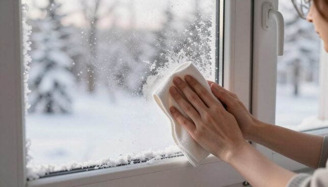 A serene winter scene featuring a close-up of well-maintained plastic windows glistening with clean frost. In the foreground, a pair of hands gently wiping down the window with a soft cloth, showcasing cleaning techniques. The middle ground displays the smooth, white frames of the windows, with snowflakes delicately resting on the ledge. The background features a cozy, snow-covered landscape outside, with trees blanketed in white, creating a peaceful atmosphere. Natural soft daylight filters through the window, casting a warm glow that highlights the cleanliness and care of the windows. The angle is from inside the room, providing an inviting perspective that emphasizes winter window maintenance. The overall mood is calm and comforting, reflecting the importance of caring for plastic windows during the winter months.