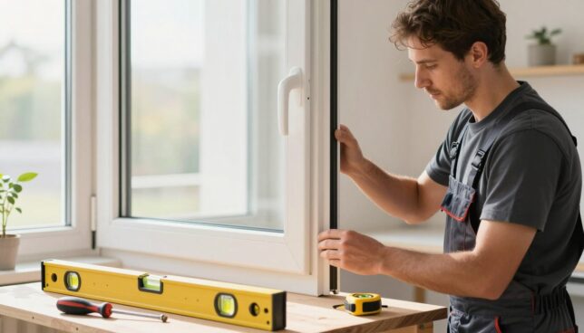 A skilled technician, dressed in professional attire, is carefully installing a modern plastic window (Kunststofffenster) in a residential setting. In the foreground, tools such as a level, measuring tape, and screwdriver are neatly arranged on a workbench. The technician is focused on ensuring the window fits perfectly into the frame, demonstrating attention to detail. In the middle ground, the partially installed window showcases its clean lines and well-finished edges. The background features a bright, well-lit room with a view of the outdoors, allowing natural light to flood in and create a warm atmosphere. The scene conveys a sense of professionalism, precision, and the importance of proper installation techniques. The image has a soft focus and warm lighting, enhancing the inviting ambiance.