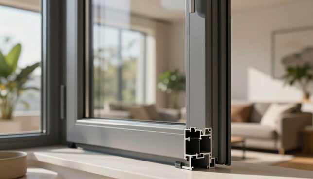 A sleek, modern interior showcasing a stylish Kunststofffenster (PVC window) prominently displayed in the foreground, with soft natural light filtering through the glass, creating a warm and inviting atmosphere. The middle layer features a close-up view of the window's elegant frame and energy-efficient features, emphasizing the quality and design. In the background, a tasteful living space is revealed, adorned with tasteful decor and greenery, suggesting a comfortable ambiance that appeals to homeowners. The scene is shot with a shallow depth of field using a 50mm lens, giving a crisp focus on the window while softly blurring the background. The overall mood is one of sophistication and practicality, perfect for illustrating the concept of window buying online and associated funding opportunities.