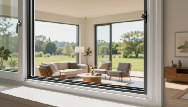 A spacious, modern room featuring large, energy-efficient plastic windows that open into a bright, sunny landscape. In the foreground, showcase a close-up of the window frame with a sleek, clean design, emphasizing its soundproofing properties. In the middle ground, depict a comfortable seating area adorned with stylish furniture that reflects an inviting atmosphere. The background should be a serene outdoor scene with lush greenery, suggesting tranquility. Use natural lighting to create a warm ambiance, capturing the shadows and reflections that highlight the window's insulation features. The overall mood is one of comfort, efficiency, and modern living, emphasizing the advantages of plastic windows.