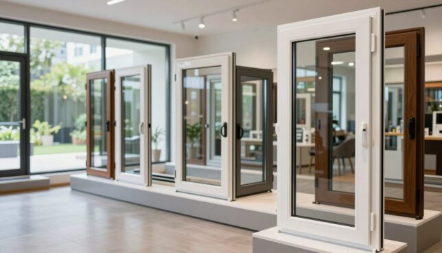 A spacious, modern showroom filled with an array of high-quality plastic windows, showcasing various styles and colors. In the foreground, a sleek vinyl window with a polished white frame stands out, glinting under soft natural light. In the middle ground, additional window models display energy-efficient glass, textured finishes, and innovative locking mechanisms, illustrating a broad selection. The background includes a welcoming atmosphere with subtle greenery through large display windows, hinting at a garden view outside. The lighting is bright and inviting, with soft shadows enhancing the details of the window frames. The mood feels professional and contemporary, emphasizing quality and selection in the realm of windows.