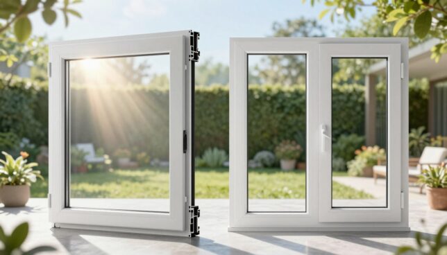 A striking image showcasing the cost-performance ratio of plastic windows. In the foreground, display a sleek, modern plastic window in an open position to reveal beautiful sunlight streaming through it, highlighting its clarity and energy efficiency. The middle ground should feature a detailed visual comparison with traditional windows, using a side-by-side layout to emphasize differences in appearance and functionality. The background can include a softly landscaped garden, symbolizing the outdoor connection and aesthetic value of the windows. Use bright, natural lighting to create a fresh and inviting atmosphere. The composition should be well-balanced, focusing on both the beauty and practicality of plastic windows in contemporary architecture.