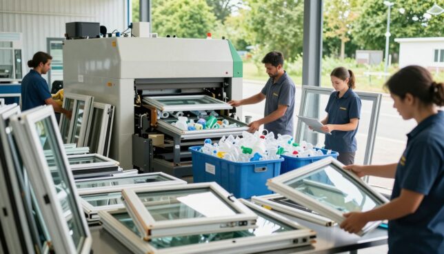 A vibrant, eco-friendly recycling facility dedicated to the processing of plastic windows, showcasing an organized scene where worn-out Kunststofffenster are being sorted and transformed. In the foreground, workers in professional attire are carefully inspecting and categorizing plastic frames. The middle ground features a modern recycling machine actively processing the materials, with sorted bins labeled for plastics. The background displays a sunny, green outdoor area with trees, promoting a sense of environmental consciousness. Soft, natural lighting floods the scene, accentuating the clean and sustainable atmosphere, with a focus on the reflective surfaces of plastic materials. The overall mood emphasizes harmony with nature and innovation in recycling technology.