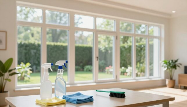 A well-lit indoor scene featuring a bright, spacious room with large, modern plastic windows showing a beautiful garden view outside. In the foreground, a neatly arranged table holds various cleaning supplies, including a spray bottle, microfiber cloths, and a small brush, all meticulously placed to convey a sense of organization. The middle ground showcases the windows glistening in natural sunlight, emphasizing their pristine condition and the reflection of the greenery outside. The background features soft, diffused lighting creating a welcoming atmosphere, while houseplants add touches of life and warmth. The overall mood is fresh, clean, and inviting, illustrating the essence of proper care for plastic windows, enhancing their longevity and aesthetic appeal.