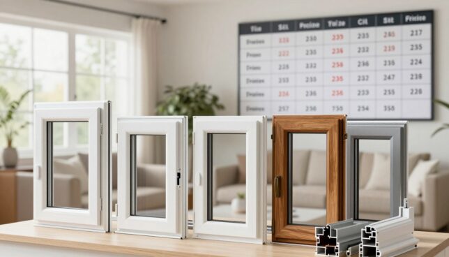 A well-lit, modern display showcasing various types of high-quality plastic windows, emphasizing different sizes and designs. In the foreground, close-up views of elegantly crafted window frames in varying styles – casement, sliding, and fixed models – each with distinct finishes like white, wood-grain, and metallic. In the middle ground, an organized pricing chart with clear visual separators illustrating the cost ranges for each window type based on size. The background features a cozy home setting, with natural light filtering through the windows, creating a warm and inviting atmosphere. The scene should convey a sense of reliability, professionalism, and clarity, with a soft focus to enhance the details of the windows. Aim for bright, neutral lighting to highlight the craftsmanship.