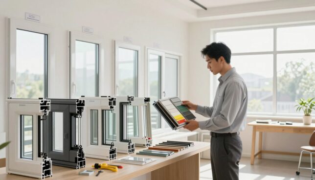 A well-lit, modern interior scene featuring a selection of high-quality plastic windows displayed elegantly against a bright, neutral backdrop. In the foreground, a professional in business attire examines a range of window samples, focusing on different styles and colors. On the left, there are various types of window frames with clear labels, showcasing their features like energy efficiency and design aesthetics. The middle ground features a clean workspace with tools and materials for installation, emphasizing readiness. In the background, large windows allow natural light to flood the room, creating an inviting atmosphere. The composition conveys a sense of expertise and decision-making in selecting the perfect plastic windows for installation.