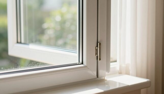 A well-maintained PVC window in a bright, airy room, showcasing its energy-efficient features. In the foreground, a close-up of the window frame reveals clean lines and a polished surface, with a focus on the hinges and seals to emphasize maintenance aspects. The middle ground features a gentle reflection of greenery outside, highlighting the window's insulating properties. In the background, sunlight streams through sheer curtains, creating a warm and inviting atmosphere. The overall mood is serene and organized, suggesting a sense of responsibility in home upkeep. Use soft, natural lighting to enhance the clarity of the window's material and detail. Aim for a slightly elevated angle, offering a clear view of the window with an unobstructed outdoor scene.
