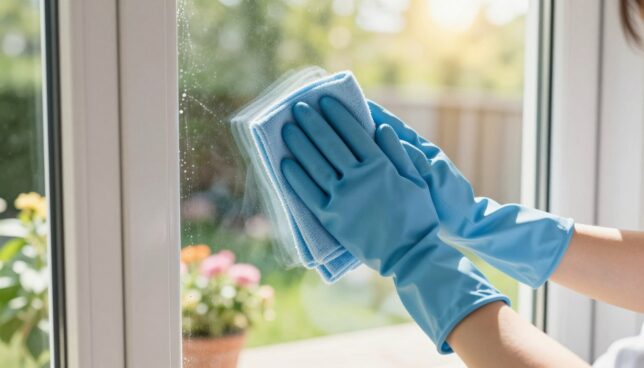 A well-maintained plastic window in a bright, sunlit room, showcasing the care instructions. In the foreground, a close-up of the window frame with glistening clean edges, highlighting its pristine condition. In the middle, a pair of hands wearing modest blue gloves gently wiping the window with a soft cloth, demonstrating the regular maintenance process. The background features a garden view beyond the window, with fresh greenery and flowers in full bloom, adding a touch of serenity. The lighting is warm and inviting, with natural sunlight streaming in, creating a calm and fresh atmosphere. The composition should evoke a sense of diligence and care for home maintenance.