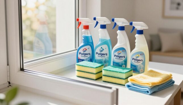 A well-organized display of various Pflegeprodukte (cleaning products) specifically designed for Kunststofffenster (plastic windows). In the foreground, a shining, pristine plastic window reflects natural light, showcasing its clarity. In the middle, an assortment of cleaning bottles, sponges, and cloths are neatly arranged on a table, emphasizing the materials used for maintenance, with labels visible on the products. The background shows a sunlit room with minimalistic decor, hinting at a cozy living space. Soft, warm lighting enhances the inviting atmosphere. The angle captures a slight top-down view, focusing on the products while ensuring the window remains central to the composition. The overall mood is fresh, clean, and professional, highlighting effective window care.