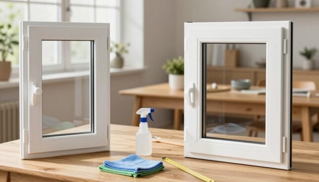 A well-organized image showing a detailed comparison of different styles of Kunststofffenster (plastic windows) in a modern home setting. In the foreground, focus on two side-by-side windows showcasing various designs and colors, emphasizing their durability and aesthetic appeal. In the middle ground, display a wooden table with maintenance tools like cleaning cloths, a small spray bottle, and a ruler for measuring, suggesting care and upkeep. In the background, a softly lit room featuring a cozy, inviting atmosphere, with warm natural light streaming in through the windows casting gentle shadows. The scene should evoke a sense of professionalism and attentiveness to window maintenance, captured from an eye-level angle with a shallow depth of field to highlight the windows.